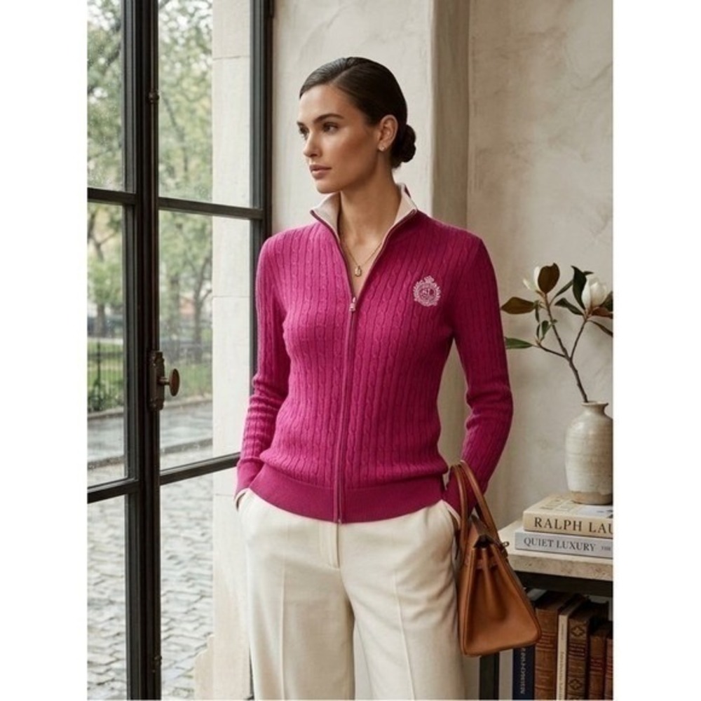 Lauren Ralph Lauren Pink Cable Knit Zip Cardigan Sweater L Preppy Academia